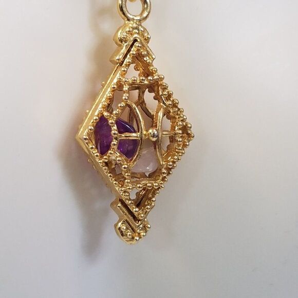 Vintage Mid Century Gold Tone Pendant Necklace Amethyst Rose Quartz 23" Chain - Picture 4 of 8